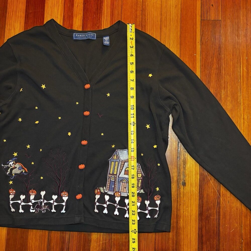 Vintage Karen Scott Halloween Embroidered Cardigan Sweater Skeleton Ghost L - Picture 6 of 9